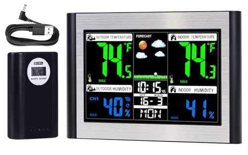 Weather Stations Wireless Indoor Outdoor Thermometer, Color Display Digital Temperature Humidity Monitor with Alarm Clock, USB Port, Adjustable Backlight - color: Black&Silver