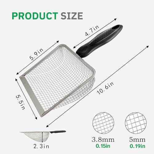 2 Pack Chicken Poop Scooper for Coop, Mesh Sifting Shovel with 3.8mm & 5mm Holes, 5.5" Metal Chicken Coop Rake and Scoop Cleaning Tool, Scooper Shovel for Sifting Sand, Litter, Chicken Supplies (5.5") - size: 5.5" 2 Set