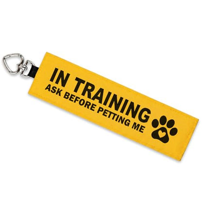 in Training Ask Before Petting Me Dog Leash Wrap, Highly Visible Yellow Warning Sleeve with Heart Snap Hook, Durable Double-Sided Canvas Lead Cover for Reactive Dogs, Service Dogs - color: Ask Before Petting Me