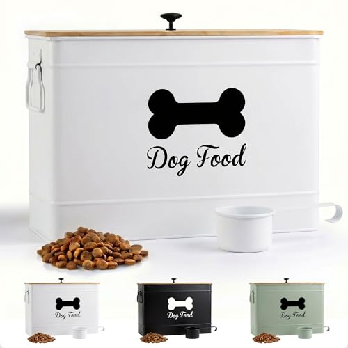 Dog Food Container Airtight 15-20 lb (70 Cup) Capacity with Metal Scoop - Cute Airtight Dog Food Storage Container with Bamboo Lid - White Metal Kibble Storage Bin for Dogs up to 100 lbs - Big Pet Jar - color: White