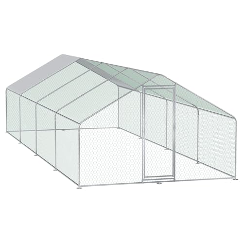 CHIKENCOOP 26x9.8x6.5 ft Metal Chicken Coop, Chicken Run with Cover | Four-room walk-in chicken run with waterproof UV-resistant spire roof cover, lockable steel door, and PVC-coated mesh. - size: 318.0"L x 118.0"W x 80.0"H