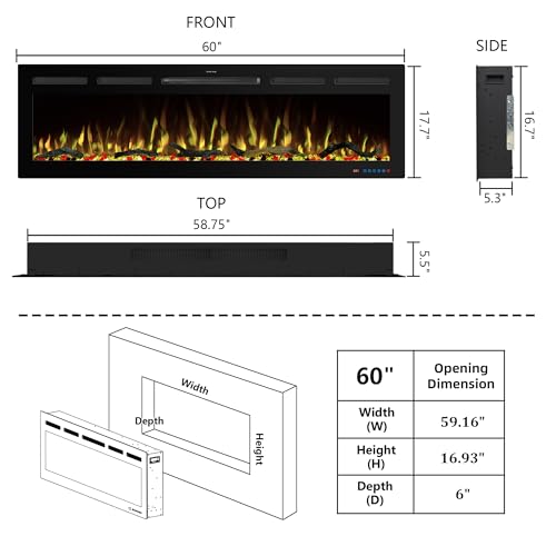 60" WiFi Electric Fireplace Inserts, Recessed and Wall Mounted Fireplace Heater W/Adjustable Flame Color & Brightness, Thermostat, 9H Timer, App and Remote Control, Low Noise, 750/1500W - size: 60" WiFi