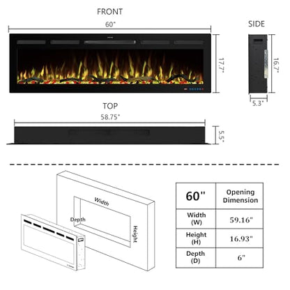 60" WiFi Electric Fireplace Inserts, Recessed and Wall Mounted Fireplace Heater W/Adjustable Flame Color & Brightness, Thermostat, 9H Timer, App and Remote Control, Low Noise, 750/1500W - size: 60" WiFi