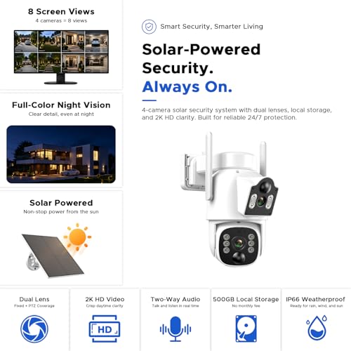 CAMCAMP Solar Security Cameras Wireless Outdoor, 4 Cameras Dual-Lens PTZ with 10CH NVR & 500GB HDD, 2K Color Night Vision, Spotlight, Dual PIR Detection, 2-Way Talk, IP66 Cameras for Home Security - color: 4