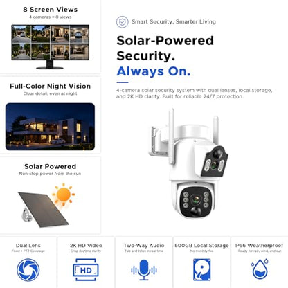 CAMCAMP Solar Security Cameras Wireless Outdoor, 4 Cameras Dual-Lens PTZ with 10CH NVR & 500GB HDD, 2K Color Night Vision, Spotlight, Dual PIR Detection, 2-Way Talk, IP66 Cameras for Home Security - color: 4