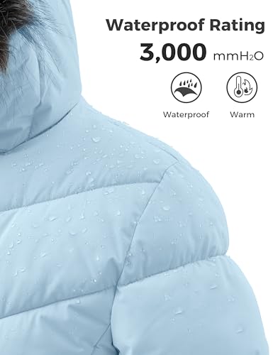ZSHOW Women's Long Winter Coat Waterproof Warm Quilted Puffer Jacket with Faux Fur Hood - color: Light Blue, size: Medium