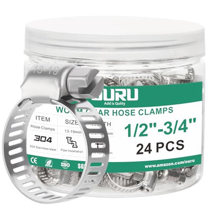 OURU 24PCS Hose Clamps Stainless Steel Adjustable 1/2"– 3/4"(13-19mm) Worm Gear Hose Clamp, Heavy Duty Metal Small Hose Clamps for Automotive, Pipe, Radiator Plumbing, Fuel Line - size: 1/2"-3/4"(13-19mm)