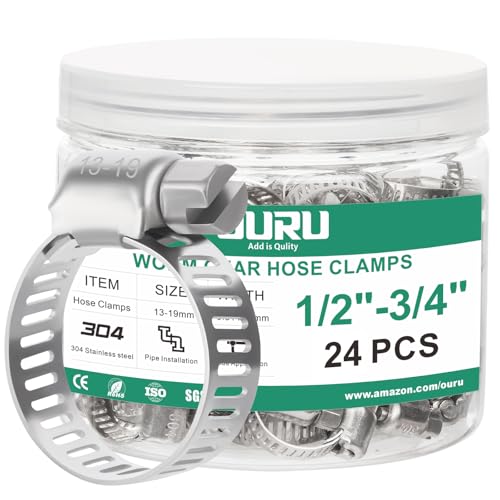 OURU 24PCS Hose Clamps Stainless Steel Adjustable 1/2"– 3/4"(13-19mm) Worm Gear Hose Clamp, Heavy Duty Metal Small Hose Clamps for Automotive, Pipe, Radiator Plumbing, Fuel Line - size: 1/2"-3/4"(13-19mm)