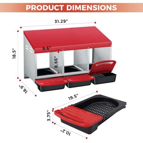 Chicken Nesting Boxes Metal Roll-Away 3-Compartment Galvanized Steel Laying Box, Easy Egg Collection Tray, Wall Mount or Freestanding – Red, Three Grids - color: Red, size: 3 Holes