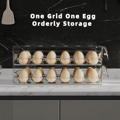 HIYOHIYO 2-Tier Clear 24 Grid Egg Container for Refrigerator, With Drawers | Large Capacity, with Time Scale Marking, Stackable, Sturdy Eggs Storage for Fridge and Countertop - size: 24 Grids-2 Layer
