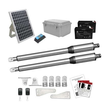 JUJIANG C01 Solar Gate Opener with Batteries & Solar Panel for Dual Swing Gates Up to 440lb 12FT per Arm Automatic Gate Opener with Remote Complete Kit Light Duty Automatic Gate Openers Solar Powered - style: 440lb Solar Dual Gate Opener