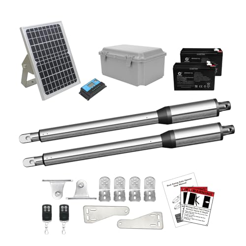 JUJIANG C01 Solar Gate Opener with Batteries & Solar Panel for Dual Swing Gates Up to 440lb 12FT per Arm Automatic Gate Opener with Remote Complete Kit Light Duty Automatic Gate Openers Solar Powered - style: 440lb Solar Dual Gate Opener