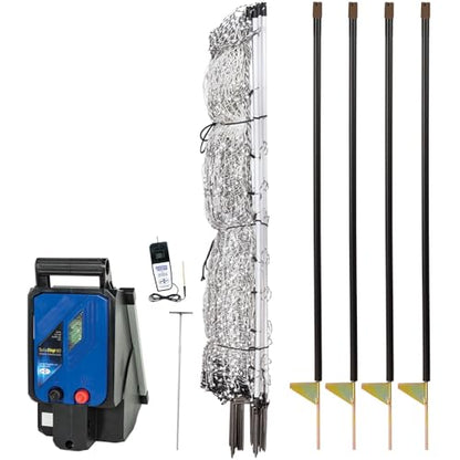 Premier 1 PoultryNet® Plus, Starter Kit for Chickens – 48"H x 100'L | White/black. Includes solar energizer, support posts & tester. Double spike, posts every 6.8 ft to reduce sag. For chickens.