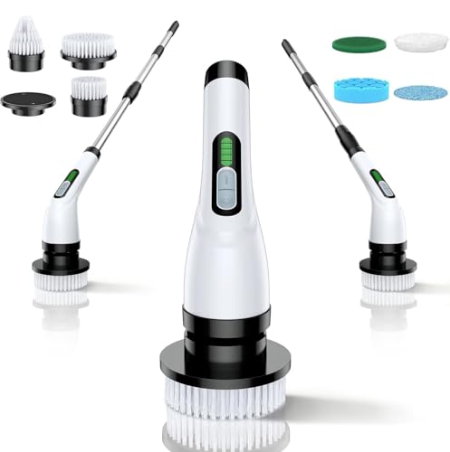 Electric Spin Scrubber for Bathroom: Shower Scrubber with Long Handle | Dual Speed Cordless Power Cleaning Scrub, 7 Brush Heads, IPX7 Waterproof Heavy Duty Cleaner Tools for Tub Tile Grout Wall - color: White
