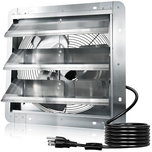 Hiorucet 14 Inch Shutter Exhaust Fan, 1558CFM High Speed Low Noise Aluminum Louvered Exhaust Fan Wall Mounted with 1.8m Power Cord for Greenhouse, Garage, Shop, Attics, Chicken Coop Ventilation. - size: 14'' Exhaust Fan