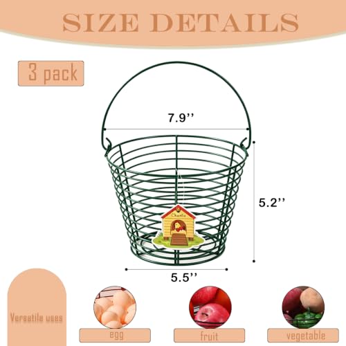 3 Pack 8 Inches Metal Mesh Wire Egg Collecting Basket with Handle Portable Garden Vegetable Fruit Storage Lightweight Hanging for Kitchen Farmhouse Gathering Picnic (Green) - color: Green