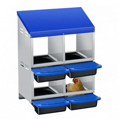 IDEALHOUSE Chicken Nesting Box with Roll Away Collection & Plastic Handle, Wall/Freestanding for Chicken Coop, 2x2-Compartment Double Layer Blue - color: Blue, size: 4 holes 2 layers