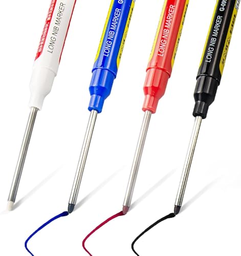 4pcs Long Nib Deep Hole Marker Pen - 45mm Extra-Length Tip for Precise Marking, Refillable Water-Resistant Construction Marker, Heavy-Duty Carpenter Pen for Woodworking & Plumbing - color: Multicolor