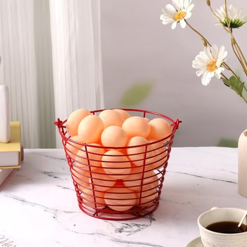 3 Pack 8 Inches Metal Mesh Wire Egg Collecting Basket with Handle Portable Garden Vegetable Fruit Storage Lightweight Hanging for Kitchen Farmhouse Gathering Picnic (Red - Light Weight) - color: Red
