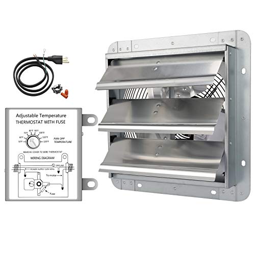 iPower 10 Inch Wall Mounted Shutter Exhaust Fan with Temperature Controller and Power Cord Kit, Aluminum, 1600 RPM, 820 CFM, for Attic, Garage, Louvered Vent, Plant, Greenhouse, Silver - size: 10 Inch, style: Temp Controller Exhaust Fan(with Power Cord)