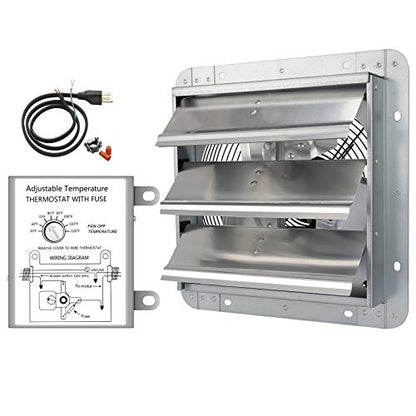 iPower 10 Inch Wall Mounted Shutter Exhaust Fan with Temperature Controller and Power Cord Kit, Aluminum, 1600 RPM, 820 CFM, for Attic, Garage, Louvered Vent, Plant, Greenhouse, Silver - size: 10 Inch, style: Temp Controller Exhaust Fan(with Power Cord)
