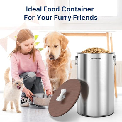 Paw Libero 35 Lbs Stainless Steel Dog Food Storage Container with Airtight Wooden Lid & Ceramic Bone Handle, Large Metal Dog Food Bin, Pet Treat Jars for Dogs & Cats, Keep Fresh, Easy to Clean - size: 35 lbs - 1pk