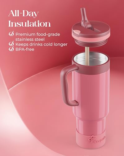 40 oz Insulated Tumbler with Handle and Push-Button Straw Lid, Stainless Steel Travel Cup for Gym Office, Leakproof, BPA-Free, Cup Holder Friendly, Bow Silicone Boot, Pink (Dusty Rose) - color: Dusty Rose