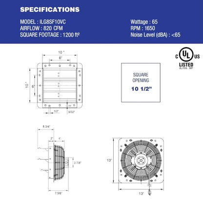 iLiving 10" Shutter Exhaust Fan with Wireless Smart Remote Controlled Thermostat and Humidity, Variable Speed Wall Mounted Attic Vent Fan, Chicken Coop Ventilation, 820 CFM, 1200 SQF Coverage Area - size: 10 inches