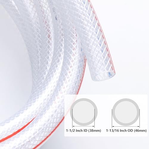Eoiips 1-1/2” ID PVC Braided Clear Flexible Vinyl Tubing, 1-1/2" ID x 1-13/16" OD Heavy Duty Reinforced Vinyl Hose Tube for Water, Oil & Liquid Transfer, 15FT - size: 1-1/2" ID, style: 15FT