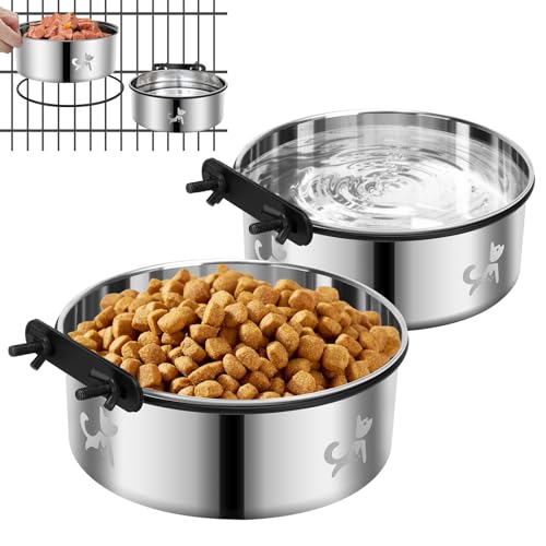 Dog Crate Water Bowl No Spill, Dog Crate Bowls Hanging 2 Pack, Kennel Water Bowl Mountable, Stainless Steel Coop Cup, Pet Cage Accessories, Food Dish Feeder for Cat Puppy Rabbit Bunny Bird Ferret - color: Silver, size: M(6.3*2.6'' & 5.5*2.4'')