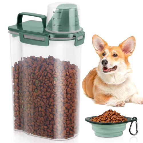 3 Lbs Dog Cat Food Storage Container with Collapsible Dog Bowl for Travel, Portable Pet Food Storage Container, Easy-Pouring Bird Seed Dispenser, Airtight Rice Cereal Oatmeal Flour Holder -Pine Green - color: Pine Green-3L