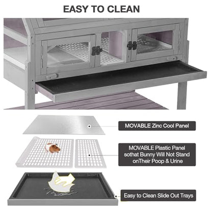 Large Guinea Pig Cages Indoor with Wheels, Wooden Rabbit Hutch with Plastic Floor and Zinc Cool Plate, Anti-Chewing Ramp, Small Animal Habitat with Leakproof Tray for Hamster, Chinchillas, Rats - color: Light Grey