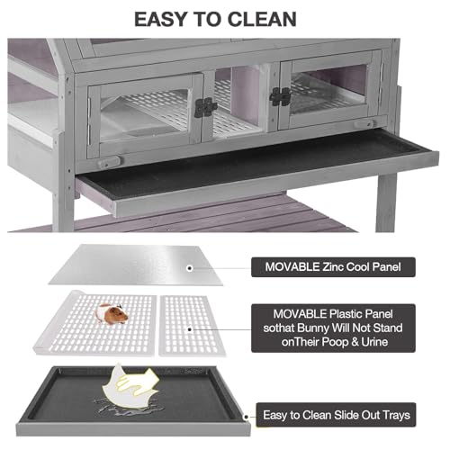 Large Guinea Pig Cages Indoor with Wheels, Wooden Rabbit Hutch with Plastic Floor and Zinc Cool Plate, Anti-Chewing Ramp, Small Animal Habitat with Leakproof Tray for Hamster, Chinchillas, Rats - color: Light Grey