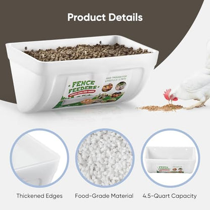 4 Pack Goat Feeders Hanging, 4.5 Quart Chicken Feeder, Rabbit Feeders, with Clips Hanging Fence Feeders, Feed Buckets for Horses, Duck Feeder, Chicken Water Feeder, Poultry Feeding Trough - color: white