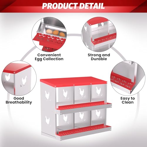 IDEALHOUSE Chicken Nesting Box, Galvanized Steel Laying Box with Rustproof & Roll-Away Egg Design, for Hens, Red 6 Compartment with Bracket - color: Red, size: 6 compartments (with bracket)