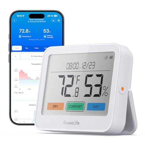GoveeLife Bluetooth Thermometer Hygrometer, Temperature and Humidity Monitor with App Notifications, Large LCD Display, Indoor Thermometer for Home Baby Room Greenhouse 1-Pack - style: 1 Pack