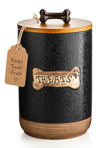 Miamolo Dog Treat Container Jar, Ceramic Airtight Dog Food Storage Container with Lid and Handle, Dog Treats Cookie Snack Jar Canister for Kitchen Counter, Gift for Dog Owners, Bone Glinting Black - color: Bone Glinting Black