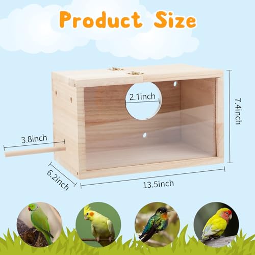 Rypet Parakeet Nesting Box Transparent Design, Thwartwise Bird Nest Breeding Box with Perch Wood Bird Cage House for Cockatiel Lovebirds Budgie Finch Parrotlets Canary XL - size: X-Large
