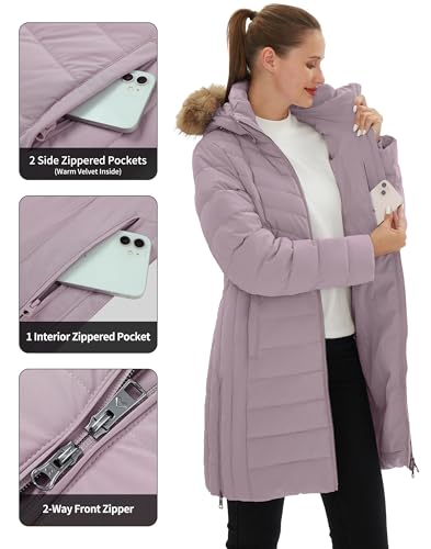Pioneer Camp Women's Winter Coats Warm Thicken Long Puffer Jacket Waterproof Quilted Parka with Removable Faux Fur Hood - color: Pink Haze, size: Small