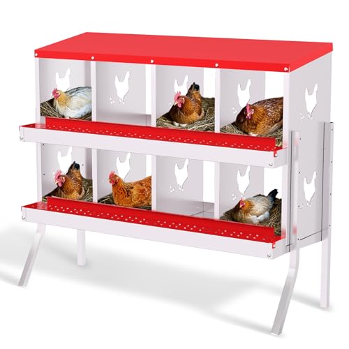 Chicken Nesting Box, 8 Hole Chicken Nesting Box with Legs, Metal Chickens Laying Boxes with Perch, Metal Roll Away Eggs Laying Boxes, Versatile Wall Mount or Free Standing for Chickens - color: red, size: 8 holes with legs