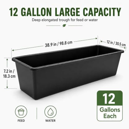 4 Pack 12 Gallon Rubber Feed Pan, 39 Inch Plastic Feeding Trough | Heavy Duty Molded Plastic Design for Horse, Goat, Pig And Livestock Use, Durable Square Design For Farm Feeding Tasks - size: 38.9 × 12 × 7.2 in