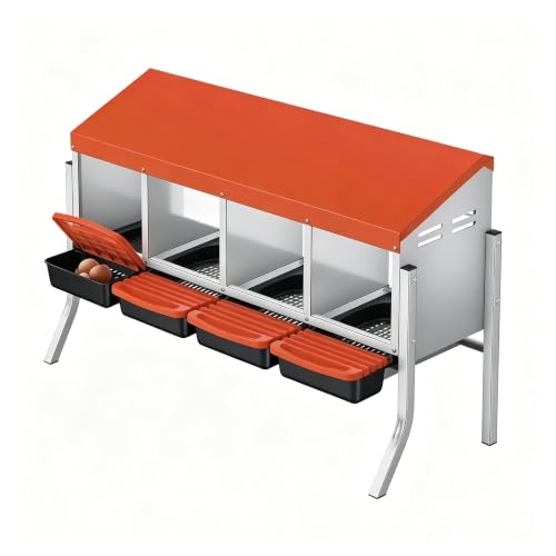 Garvee Heavy Duty Metal Chicken Nesting Box - 4 Compartments, Automatic Roll-Away Egg Tray & Lid, Galvanized Steel, Wall Mount or Freestanding, Easy to Clean, Included Bracket, Orange - color: Orange, size: 4 holes with legs