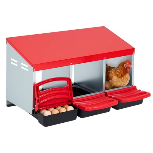 PioneerWorks Chicken Nesting Boxes for Laying Eggs, 3 Compartment Metal Hen Nest Box with Swing Perch & Rollout Egg Collection, Red Chicken Coop Accessories, Easy to Clean, Durable Design