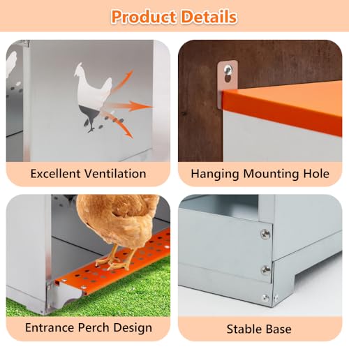 Heavy-Duty Wall-Mounted Metal Nesting Box for Backyard Chickens and Ducks with Ventilation and Easy Egg Access (6-Orange)