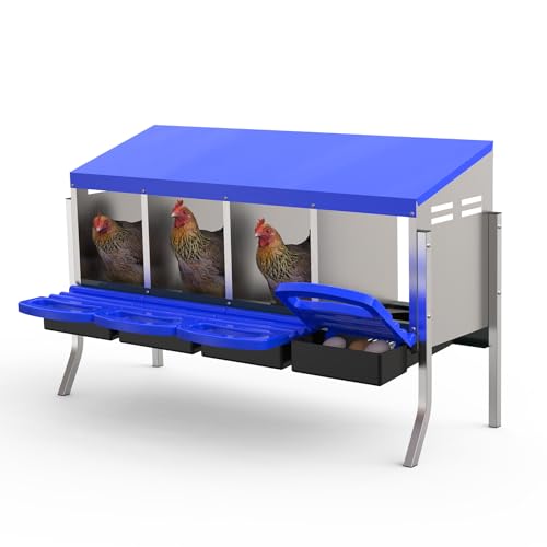 GarveeLife Chicken Nesting Box 4 Hole, Galvanized Steel Nest with Roll Away Egg Collection & Swing Perch, Easy-Clean Laying Box for Hens, Heavy Duty Design for Chicken Coop - color: Blue, size: 4 holes with legs