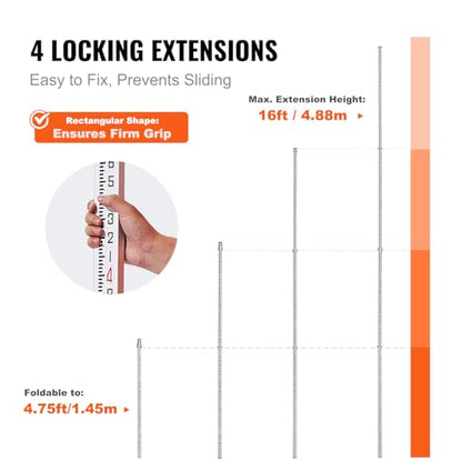 VEVOR Aluminum Grade 16-Feet/10ths 4 Sections Telescopic Measuring Rod, Double-Sided Scale 1/10ft Leveling Rod Stick with Bubble Level & Carrying Bag for Houses, Walls, Floors - size: 16 FT-10ths