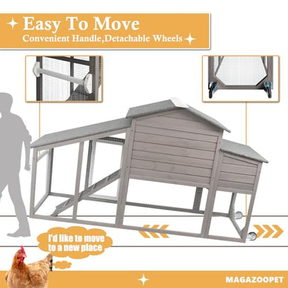 Chicken Coop with Wheels, Weatherproof Outdoor Chicken Hen Houses with Run, 2 Story Wooden Poultry Coops Rabbit Hutch for 2-3 Chickens Bunny with Leakproof Tray, Nesting Boxes, Ramp - color: 79" L Gray