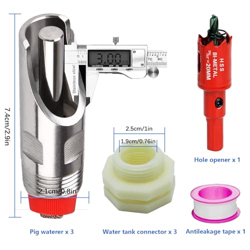 3 Pcs Pig Nipple Drinkers Kit Auto Pig Watering System Stainless Steel with 3 Pcs Plastics Water Tank Connector 1Pcs Hole Opener for Pig Goats Swine Piglets Drinking (3pcs, Plastics)