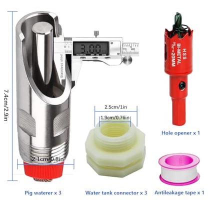 3 Pcs Pig Nipple Drinkers Kit Auto Pig Watering System Stainless Steel with 3 Pcs Plastics Water Tank Connector 1Pcs Hole Opener for Pig Goats Swine Piglets Drinking (3pcs, Plastics)