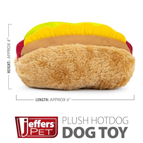Jeffers Pet Plush American Grill Time Cuisine Dog Toys – 6" Squeaky Hotdog Plush Toys for Dogs – Chew, Cuddle, Interactive Play, Soft Durable Fabric, Puppy Gift, Christmas Stocking Stuffer - color: Brown Hotdog